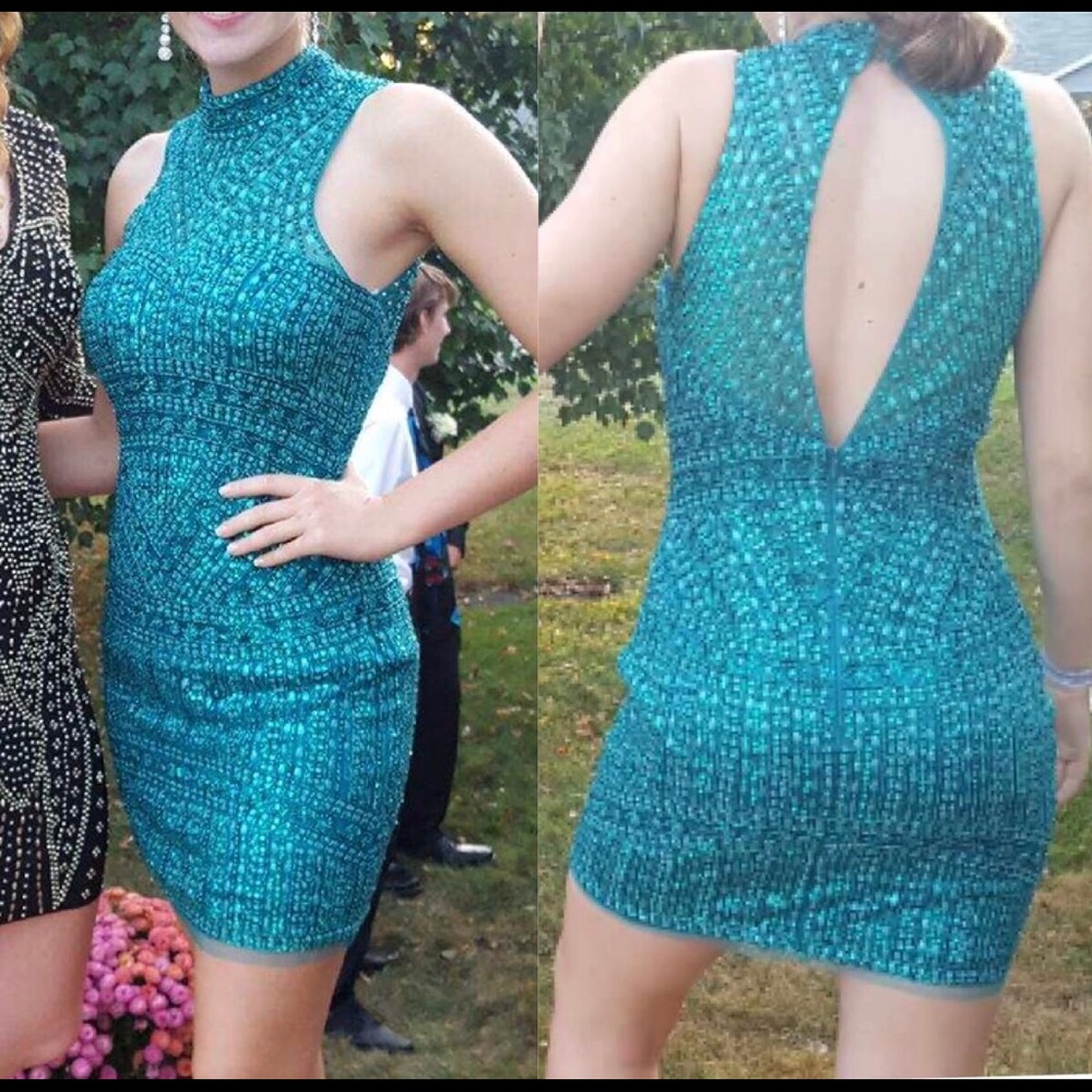 Sherri Hill Teal High Collared Neck Dress